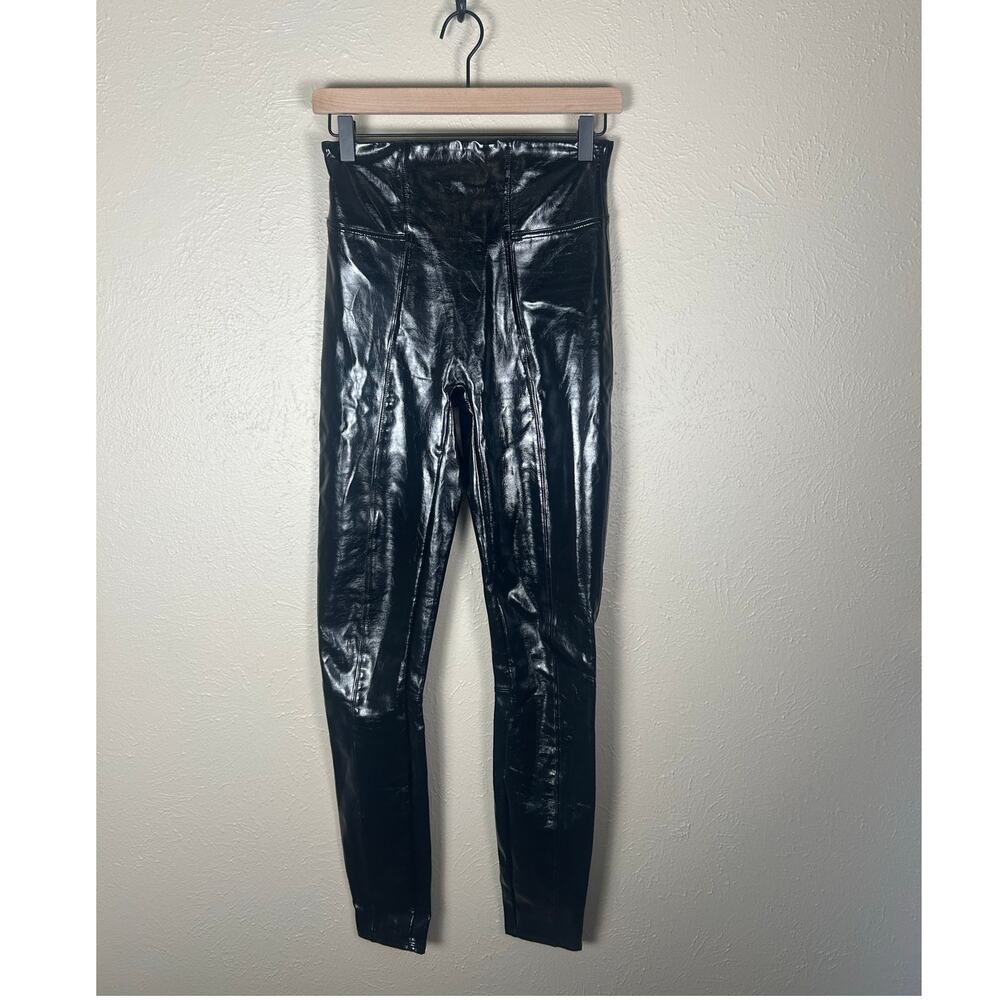 Spanx Leather Leggings Size Small Shiny Black Shapewear Grunge Moto Punk Shaping
